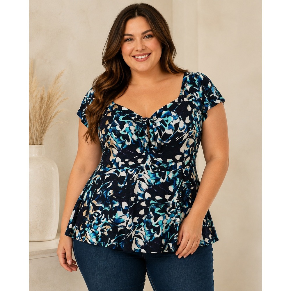 520. Torrid Super Soft Knit Blue Floral Tie Front Peplum Top Plus Size 3 3X